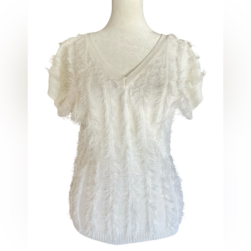 Rare New VTG LOUBELLA Feather Fringe White V-Neck Knit Top Sz S 70s 80s Boho NOS